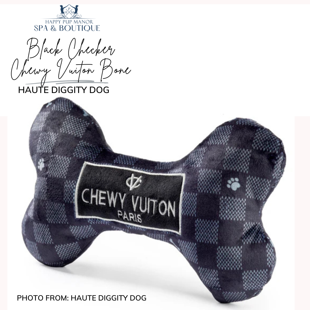Black Checker Chewy Vuiton Bone Squeaker Dog Toy (Large)