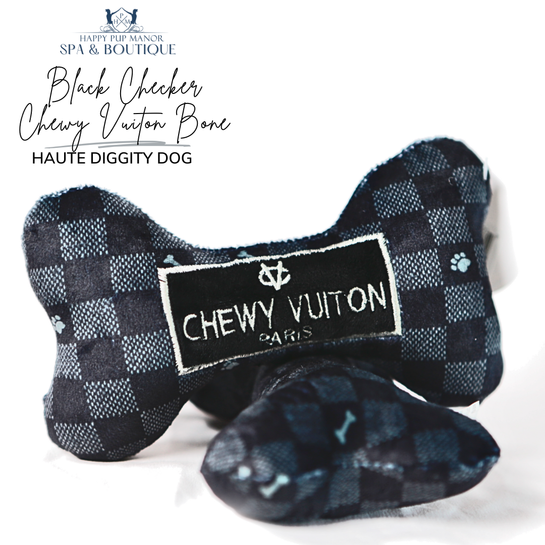 Black Checker Chewy Vuiton Bone Squeaker Dog Toy (Large)