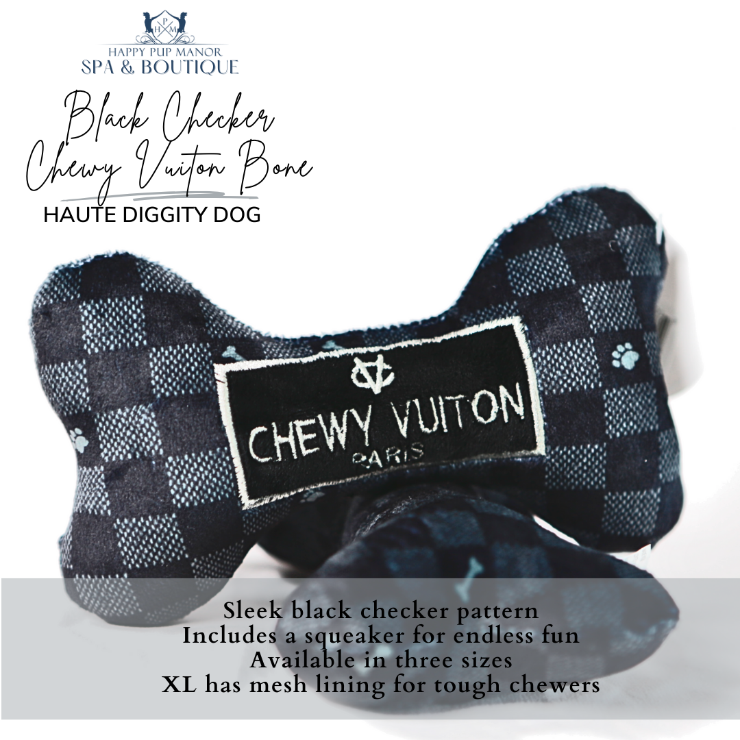 Black Checker Chewy Vuiton Bone Squeaker Dog Toy (Large)